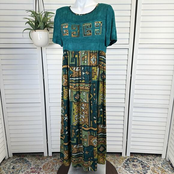 VIntage Carole Little German Rayon Maxi Dress Wearable Art Shoulder Pads Size 8P - Picture 1 of 10